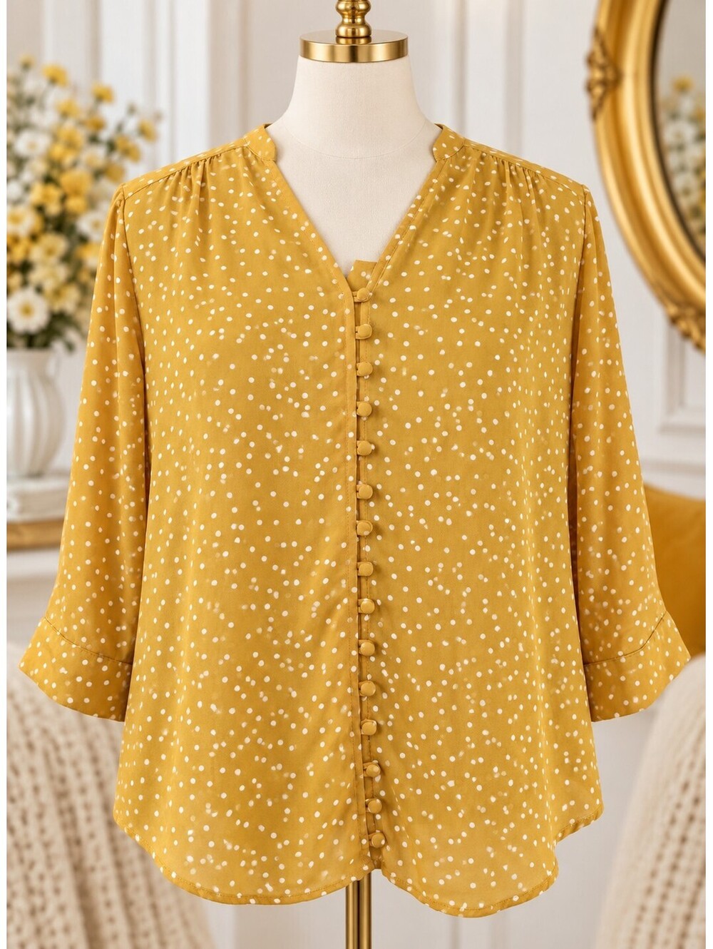 Torrid Size 1X Mustard Yellow White Polka Dot Button Front Roll Tab Blouse